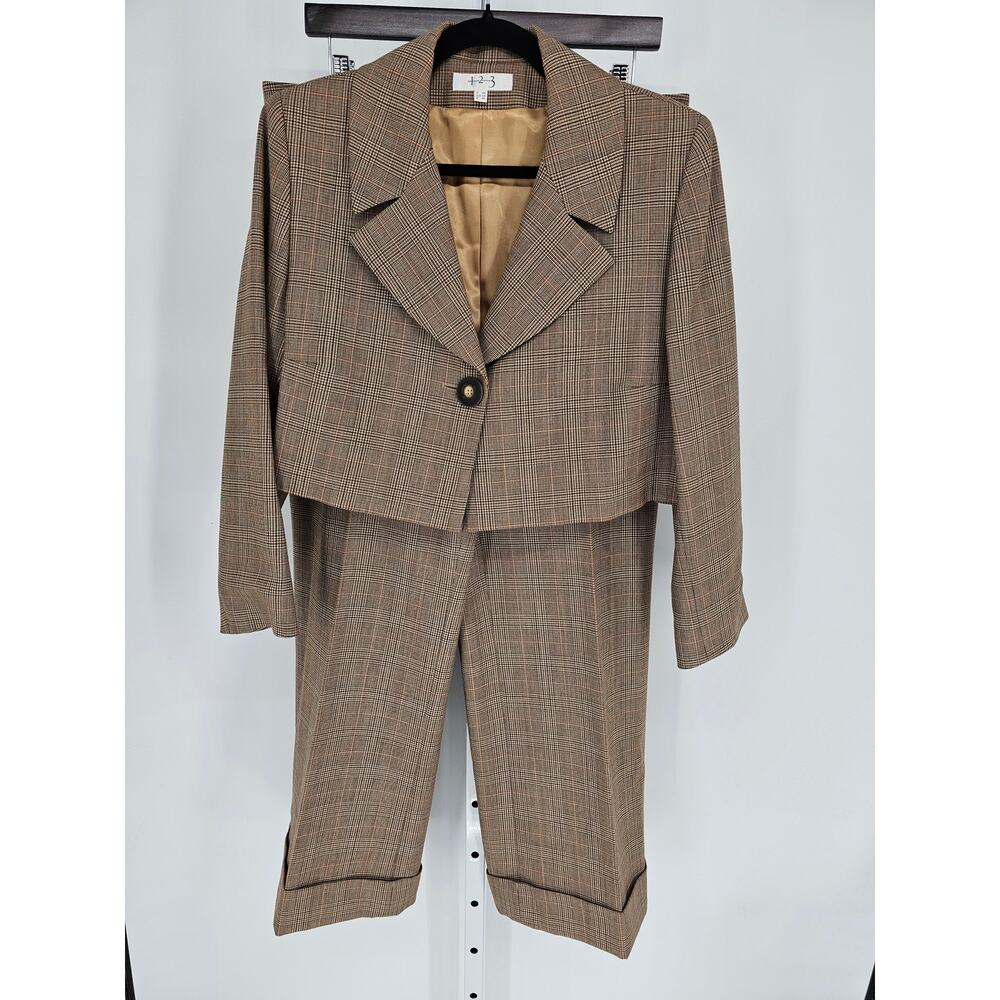 VTG Un Deux Trois 123 Tan Taupe Plaid Single-Button Pant Suit Size 48